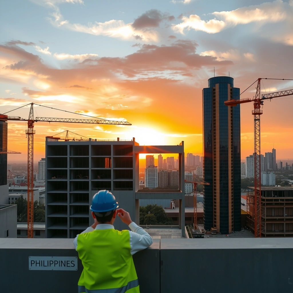 Modern construction site with cranes and buildings in the Philippines skyline