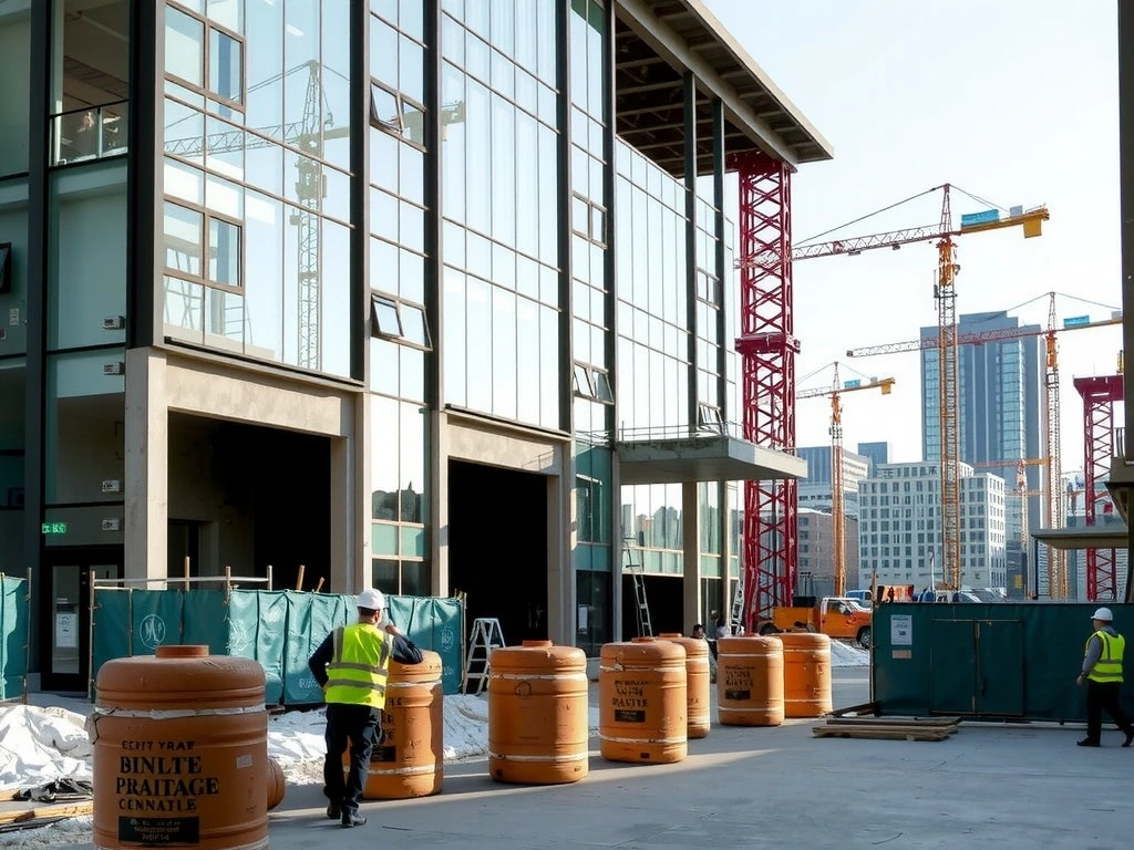 Modern commercial building construction with cranes and workers