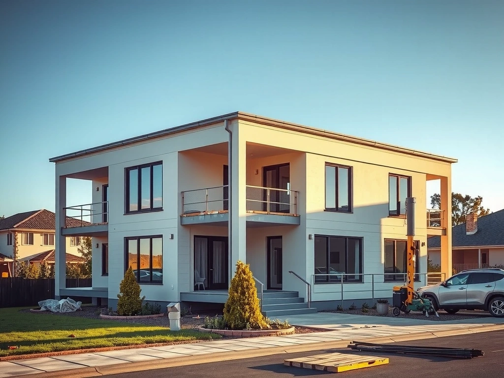 Residential house construction showing modern architecture and landscaping
